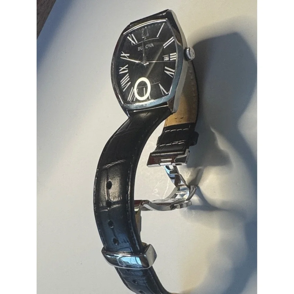 Bulova Watch Mens OS Black Roman Numeral Tonneau Leather Strap 96B290‎